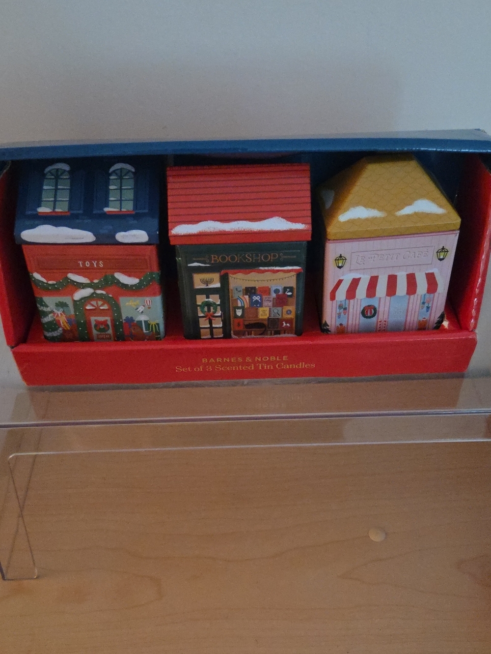 Barnes & Noble NWT Holiday Bookshop Tin Candle Set  Of 3 - Blue, Red, Yellow